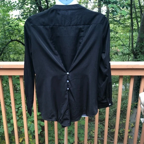 Black Pattern Button Up Back High Low Long Sleeve Top Blouse Shirt XXL - Picture 4 of 5